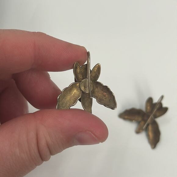 Vintage Sterling Silver Gold Vermeil Enamel Orchid Flower Lily Earrings - Picture 3 of 4